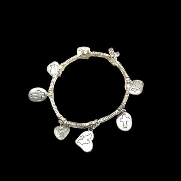 Inspirational Cross, Heart, Fish Stretch Silver-tone Charm Bracelet - Picture 5 of 8